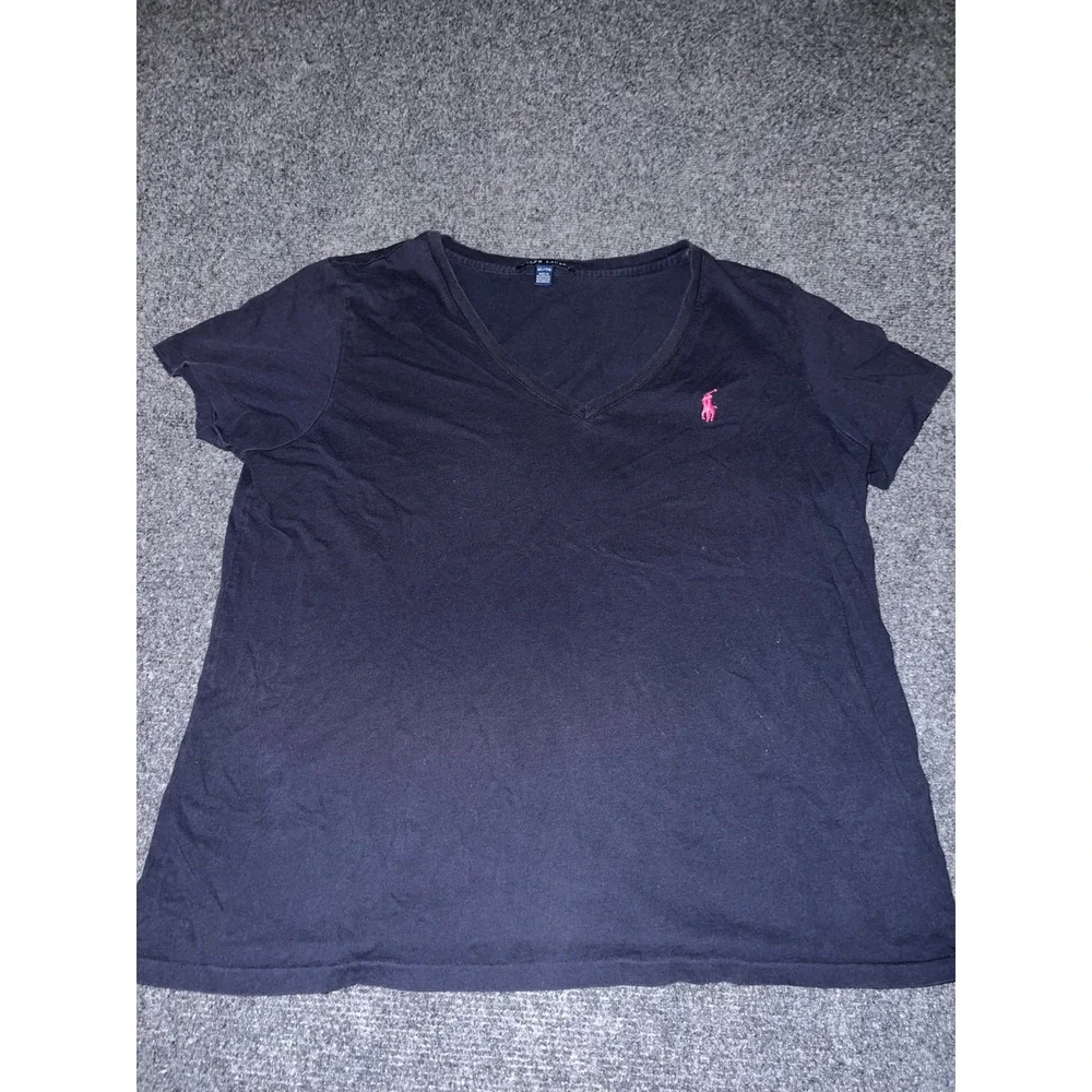 Ralph Lauren Kids XL 16 Navy Blue V-Neck Cotton T-Shirt Pink Pony Logo